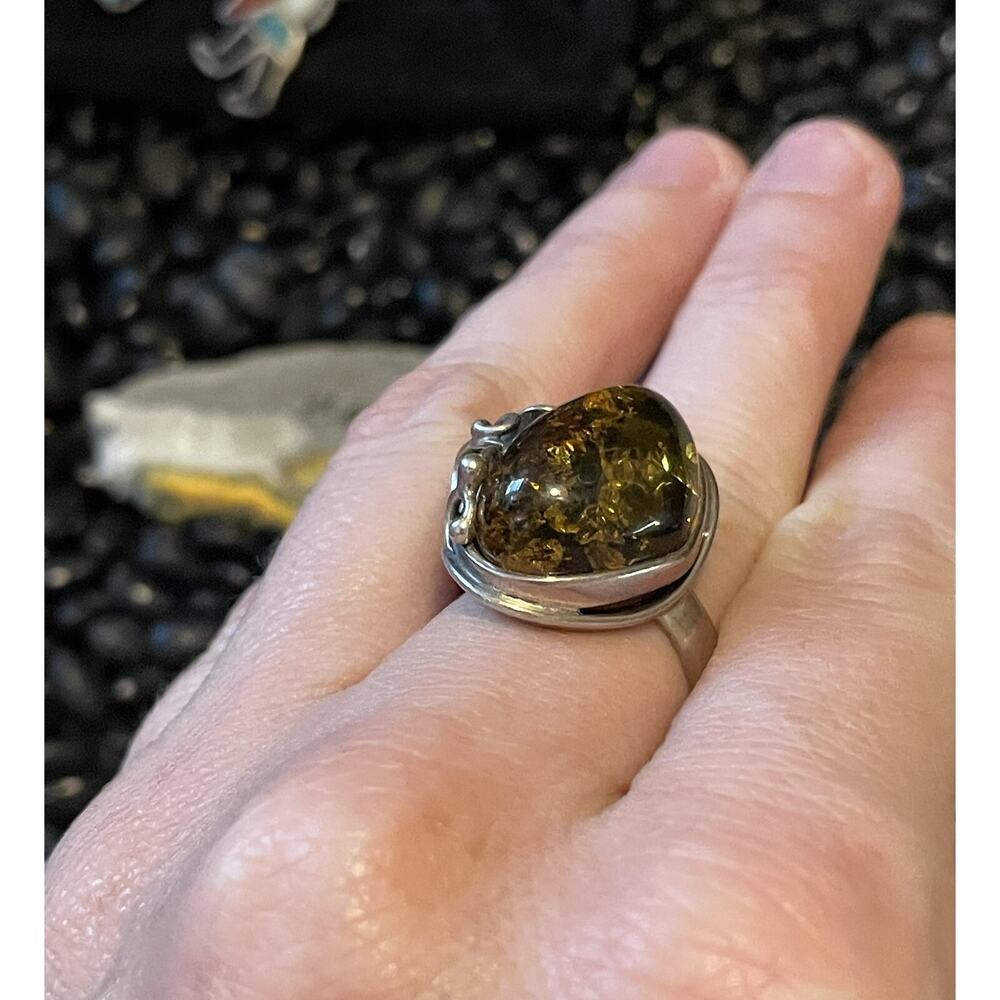 Sterling Silver Baltic Sea Honey Amber Ring~Scroll Accented Size 11 - Picture 6 of 9